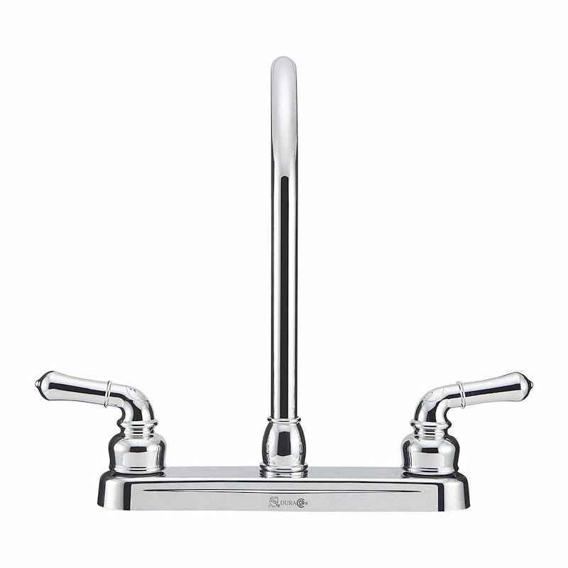 Kitchen Faucet – 12" J-Spout, 8" Deck Mount, Dual Teapot Handles, Chrome