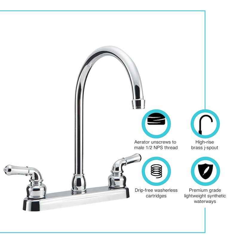 Kitchen Faucet – 12" J-Spout, 8" Deck Mount, Dual Teapot Handles, Chrome