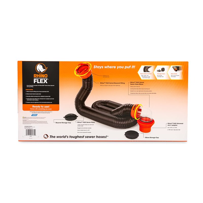 Camco 39761 RhinoFLEX 15' RV Sewer Hose Kit with Swivel Fittings & 4-in-1 Adapter