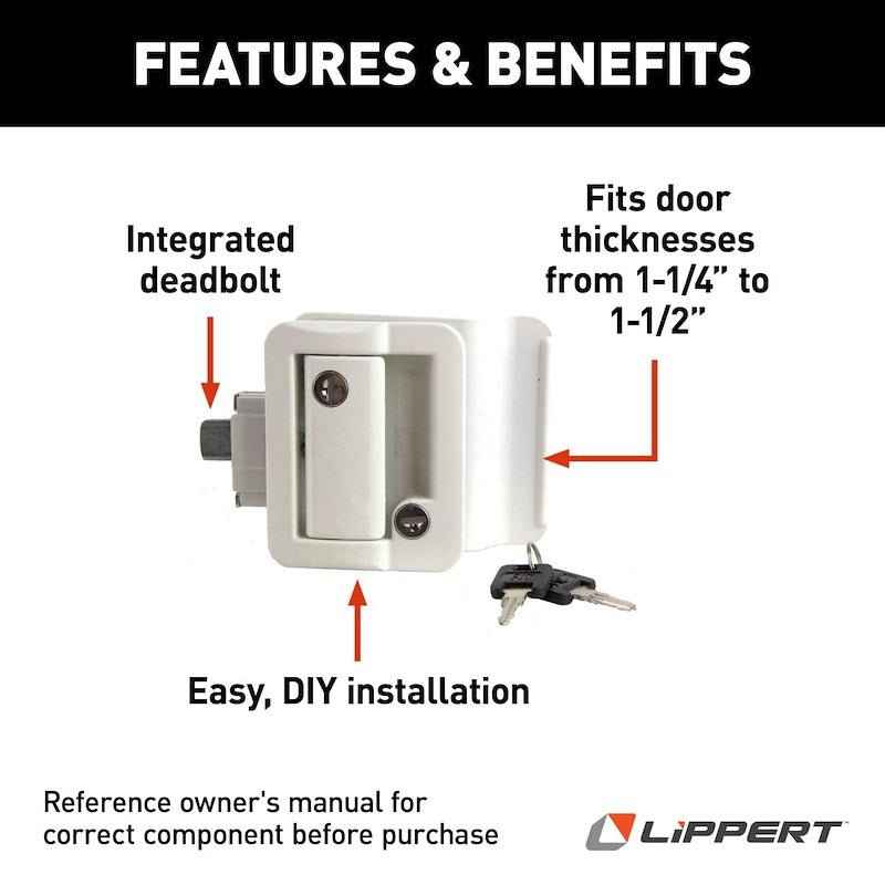 RV Entry Door Lock - Lippert 239632 – White, Keyed with Deadbolt