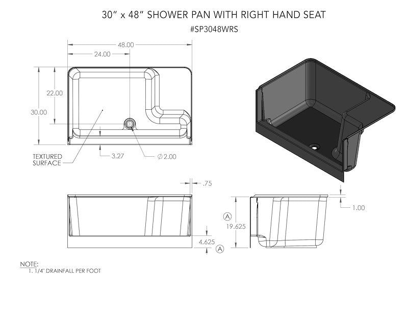Specialty Recreation SP3048WRS 48" x 30" RV Shower Pan with Seat & Center Drain