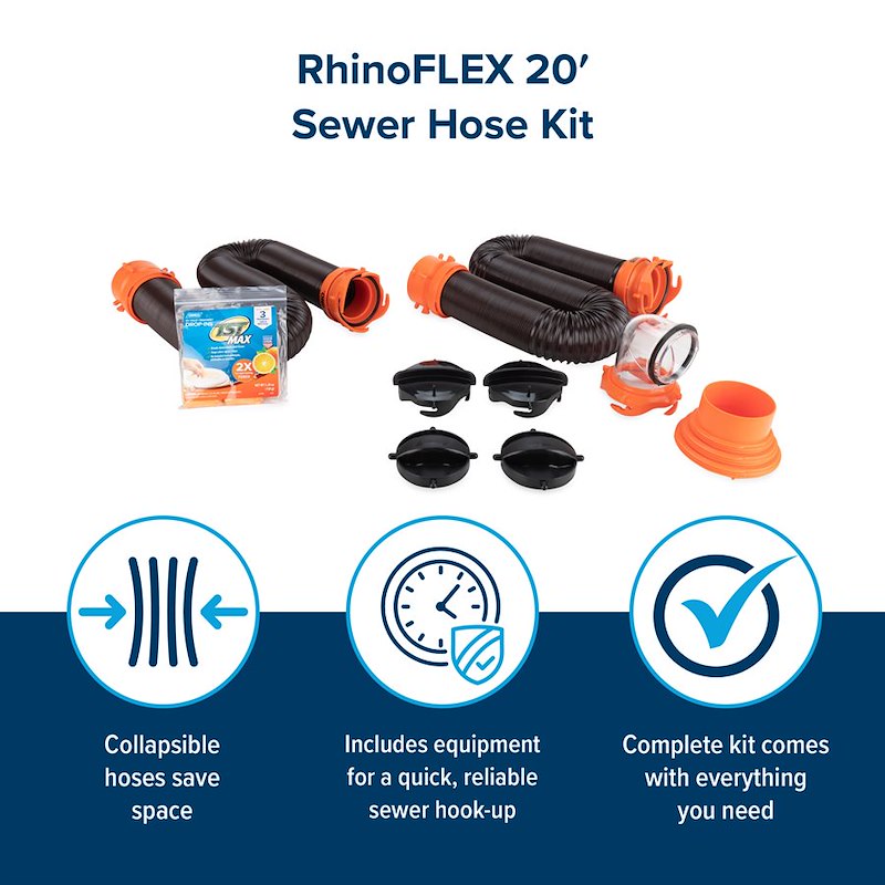 Camco 39741 RhinoFLEX 20' RV Sewer Hose Kit with Swivel Fittings & 4-in-1 Adapter