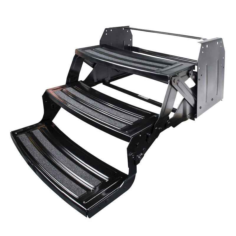 Lippert 3-Step Manual RV Entry Step – 24" Wide, Radius Tread, Bolt-On, Black Steel