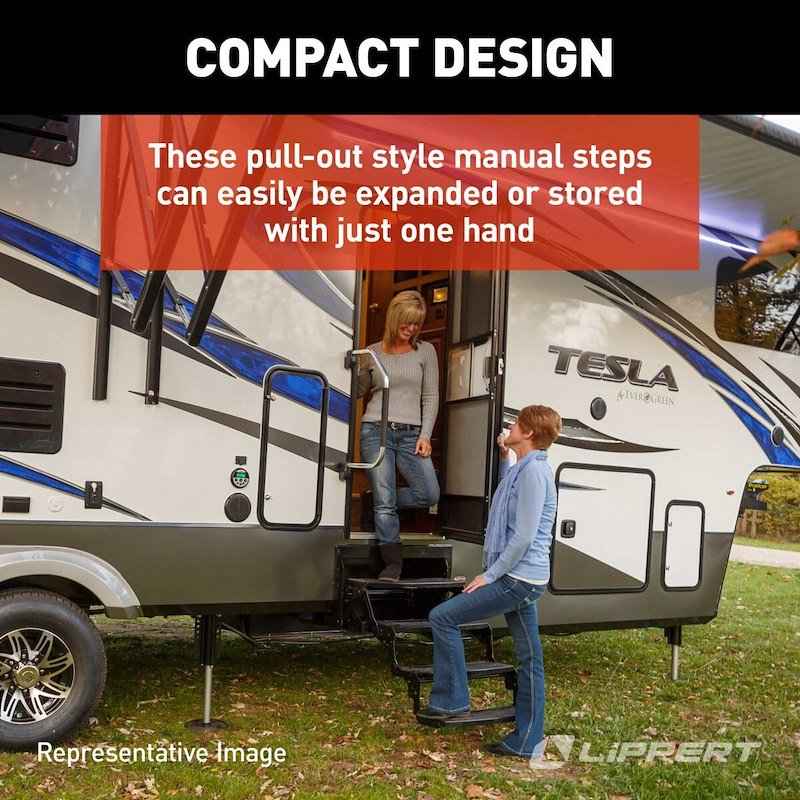 Lippert 3-Step Manual RV Entry Step – 24" Wide, Radius Tread, Bolt-On, Black Steel