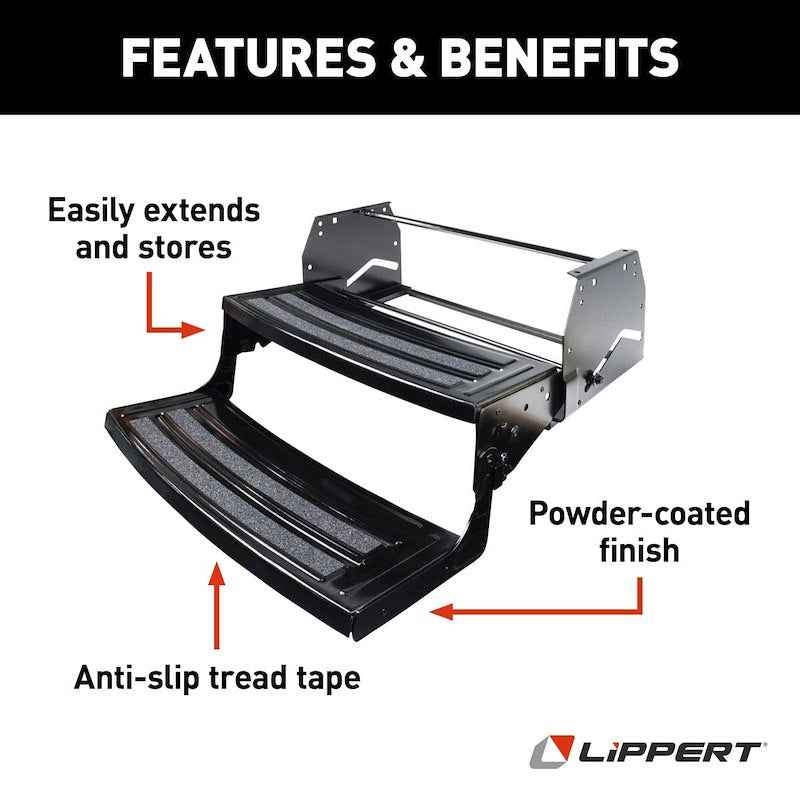 Lippert 2-Step Manual RV Entry Step – 24" Wide, Radius Tread, Bolt-On, Black Steel
