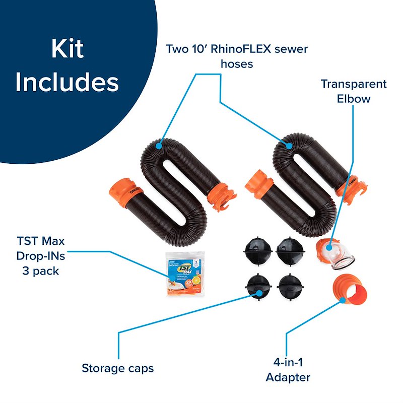 Camco 39741 RhinoFLEX 20' RV Sewer Hose Kit with Swivel Fittings & 4-in-1 Adapter