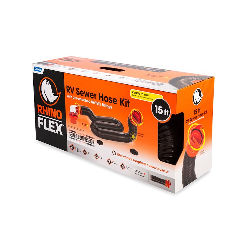 Camco 39761 RhinoFLEX 15' RV Sewer Hose Kit with Swivel Fittings & 4-in-1 Adapter