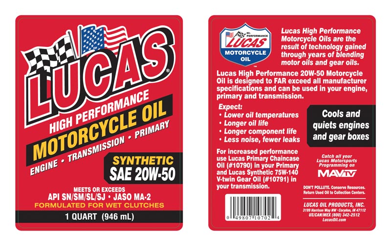 Lucas Oil 10702 20W-50 Synthetic Motorcycle Oil