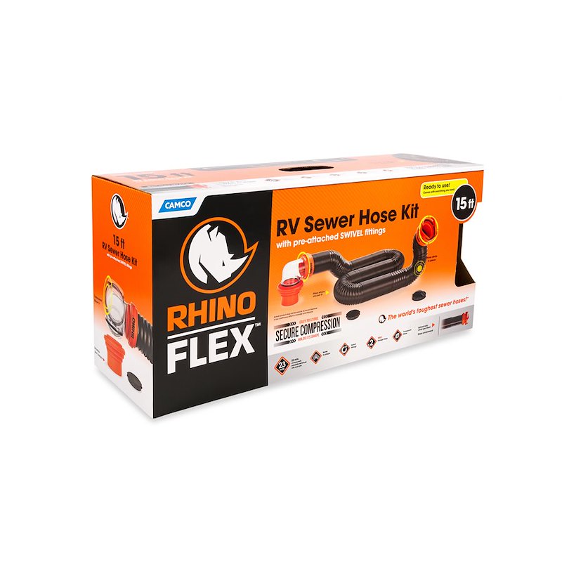 Camco 39761 RhinoFLEX 15' RV Sewer Hose Kit with Swivel Fittings & 4-in-1 Adapter