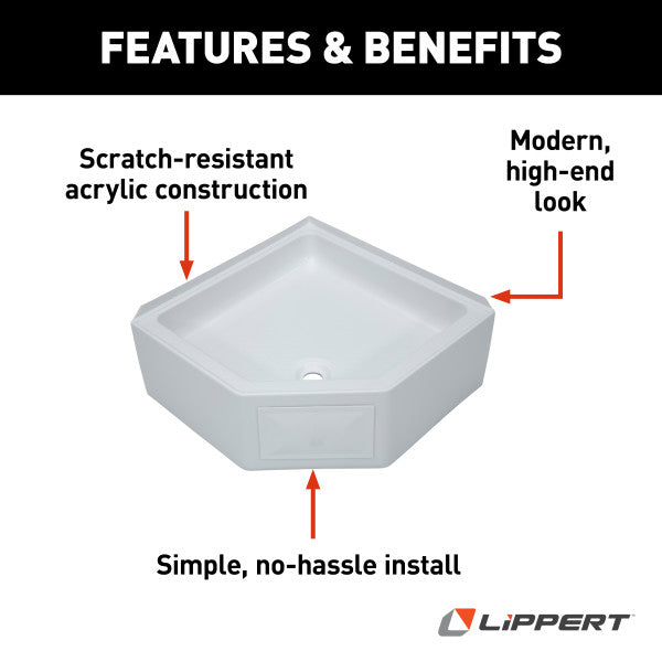 Lippert Better Bath 325246 27" x 27" RV Corner Shower Pan – Center Drain