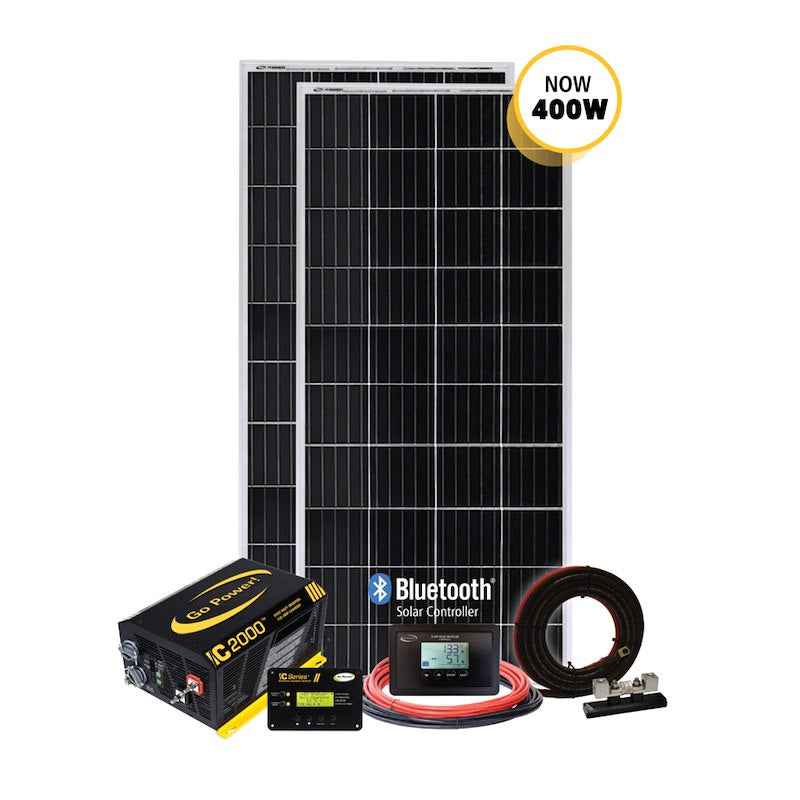 Go Power SOLAR ELITE 400W Solar Charging System – 2× Panels, & 2000W Inverter