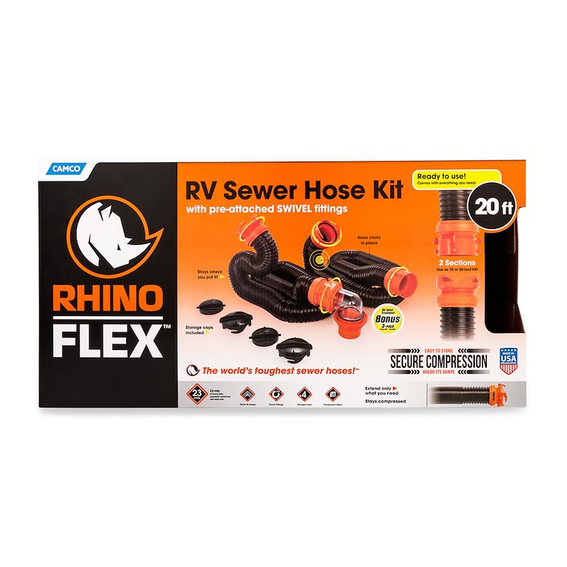 Camco 39741 RhinoFLEX 20' RV Sewer Hose Kit with Swivel Fittings & 4-in-1 Adapter