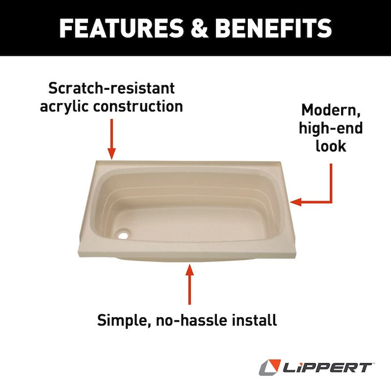 Lippert Better Bath 209372 24" x 36" RV Bathtub – Left Hand Drain