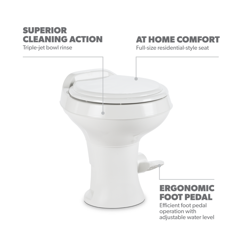 Dometic 300 Gravity Flush Toilet – Tall Gravity Flush Plastic Toilet with Foot Pedal Operation