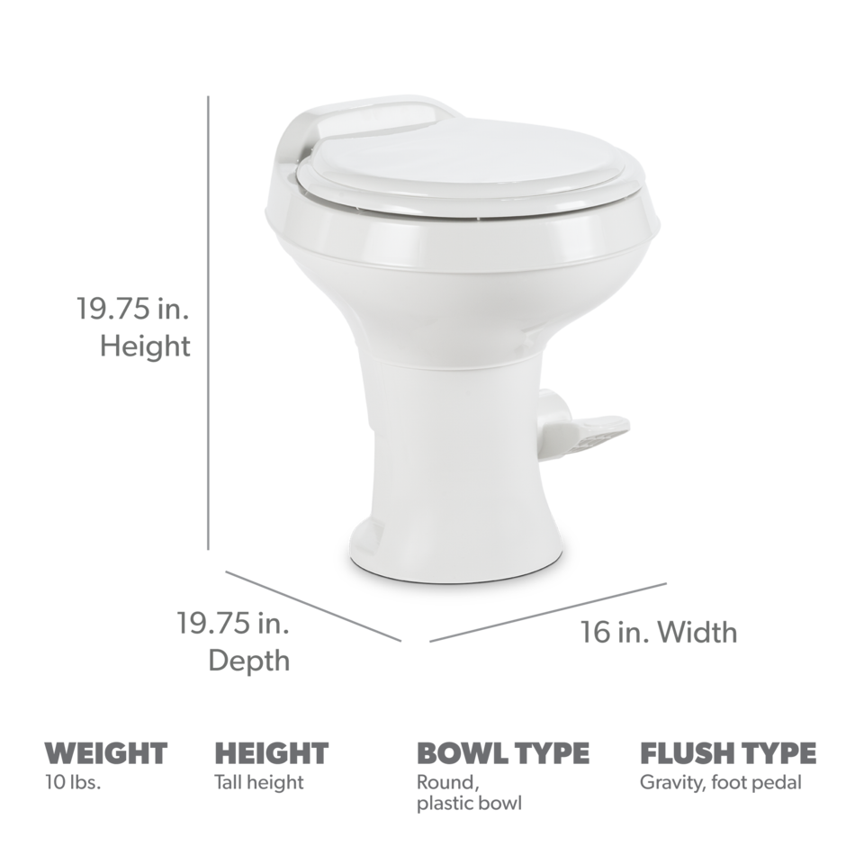 Dometic 300 Gravity Flush Toilet – Tall Gravity Flush Plastic Toilet with Foot Pedal Operation