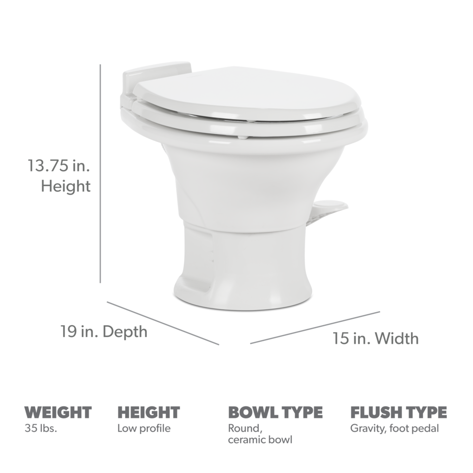 Dometic 311 Gravity Flush Toilet - Ceramic Round Toilet with Wood Slow-Close Seat, White