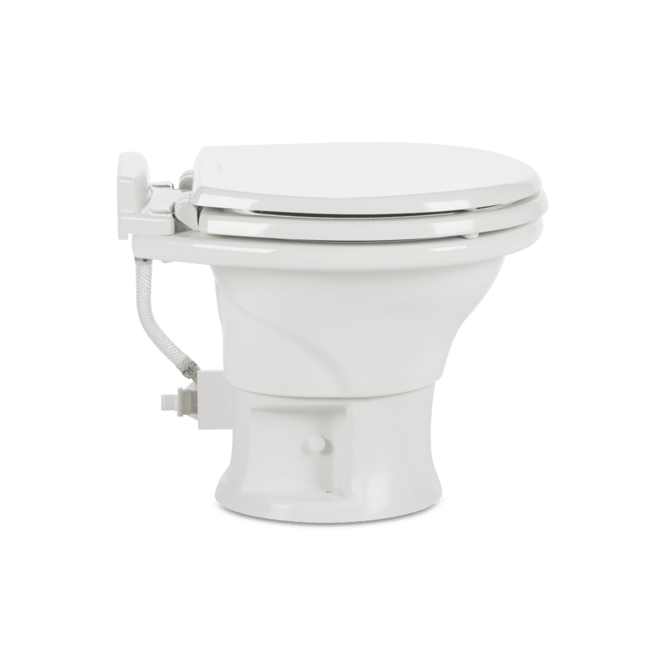 Dometic 311 Gravity Flush Toilet - Ceramic Round Toilet with Wood Slow-Close Seat, White