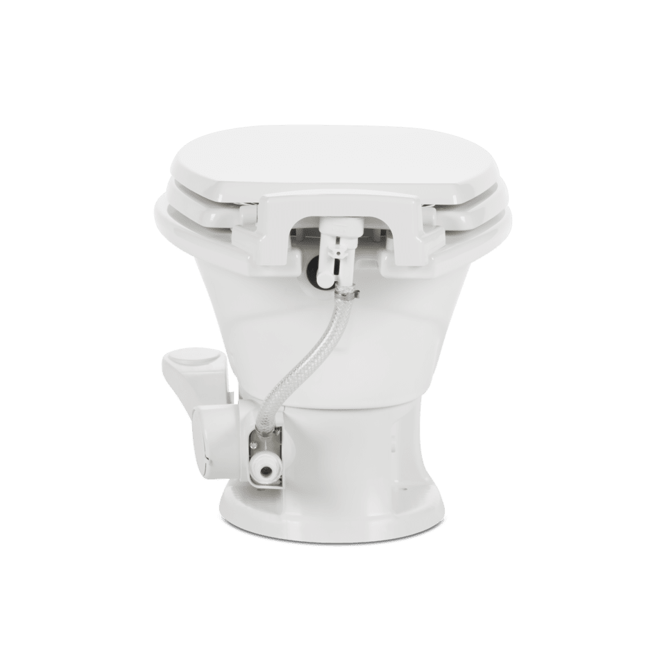 Dometic 311 Gravity Flush Toilet - Ceramic Round Toilet with Wood Slow-Close Seat, White