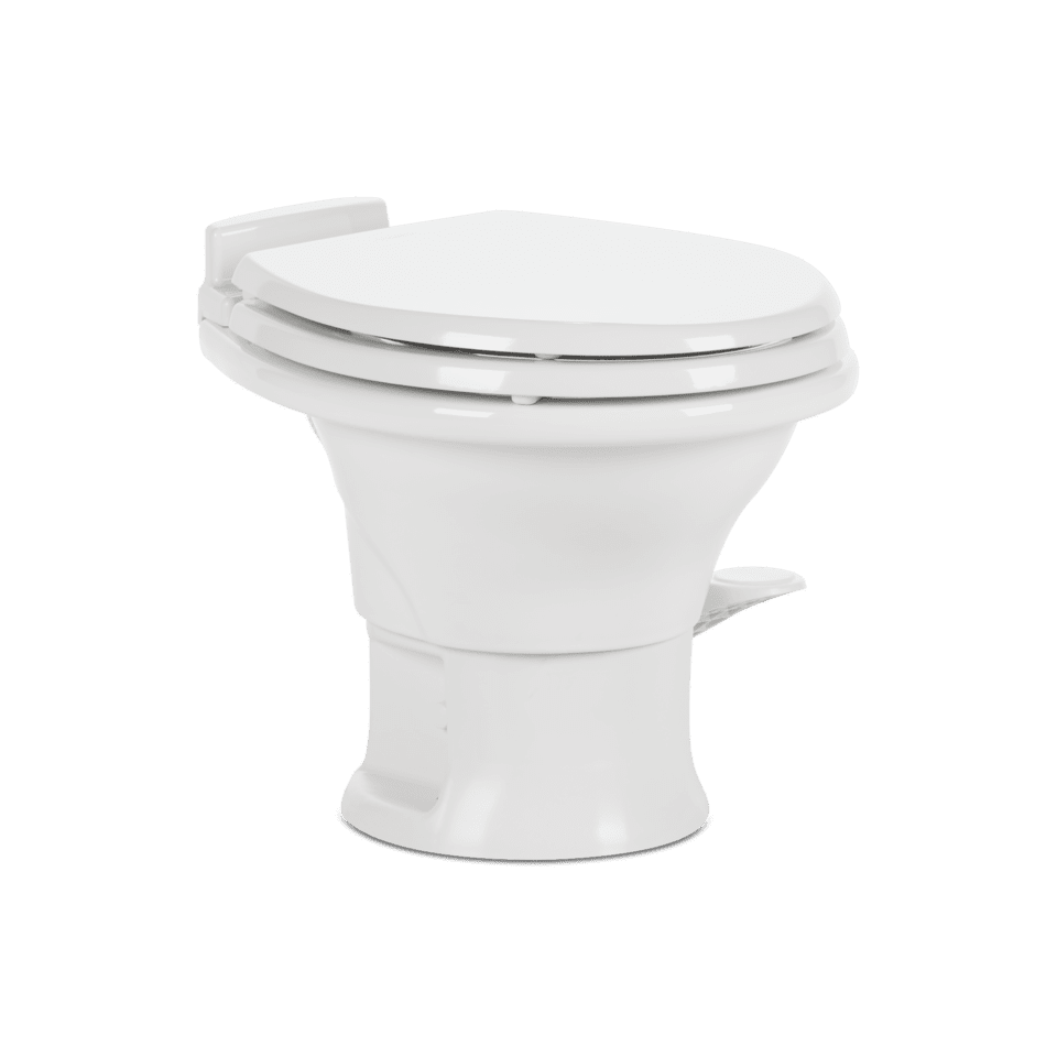 Dometic 311 Gravity Flush Toilet - Ceramic Round Toilet with Wood Slow-Close Seat, White