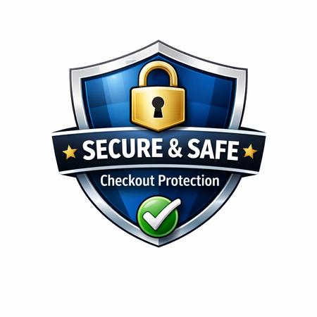 Secure and safe checkout protection logo with a shield, lock, and checkmark on a white background.